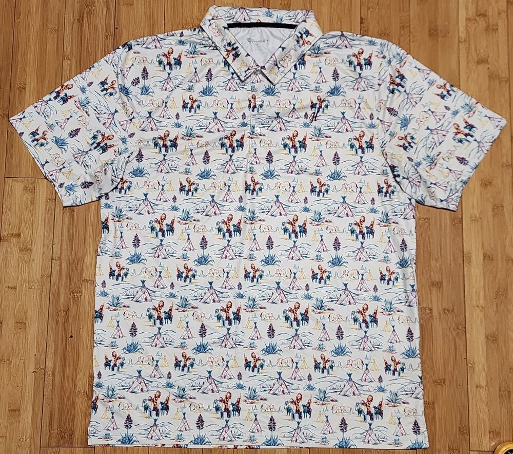 Hooey Cowboys Golf Polo Shirt Mens XXL "The Weekender" AOP Commanche Print Cream